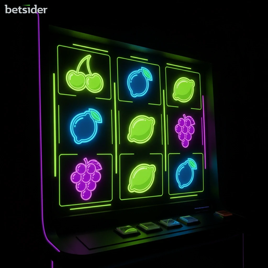 Ecrã de uma slot machine a exibir símbolos de frutas coloridos e o logótipo do jogo.