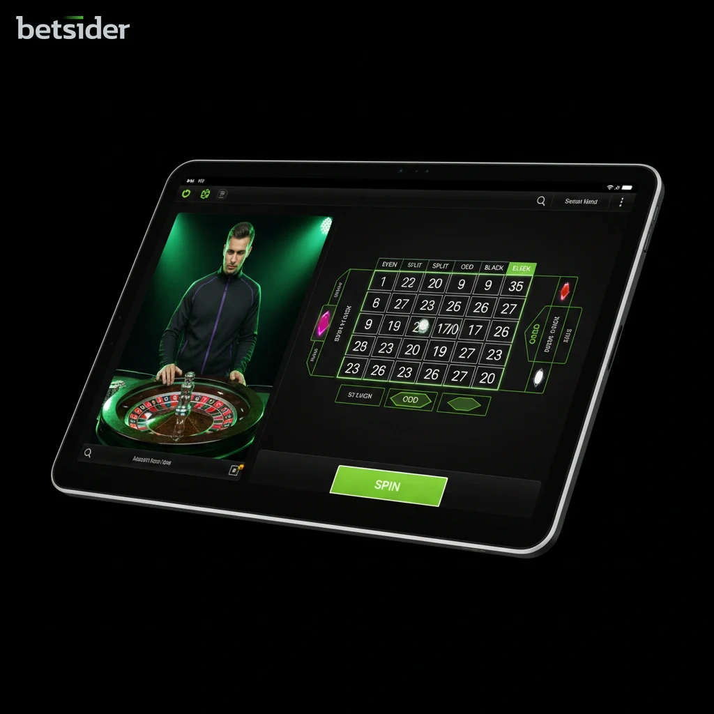 Interface de um jogo de roleta ao vivo do Betsider num tablet, mostrando as opções de aposta.