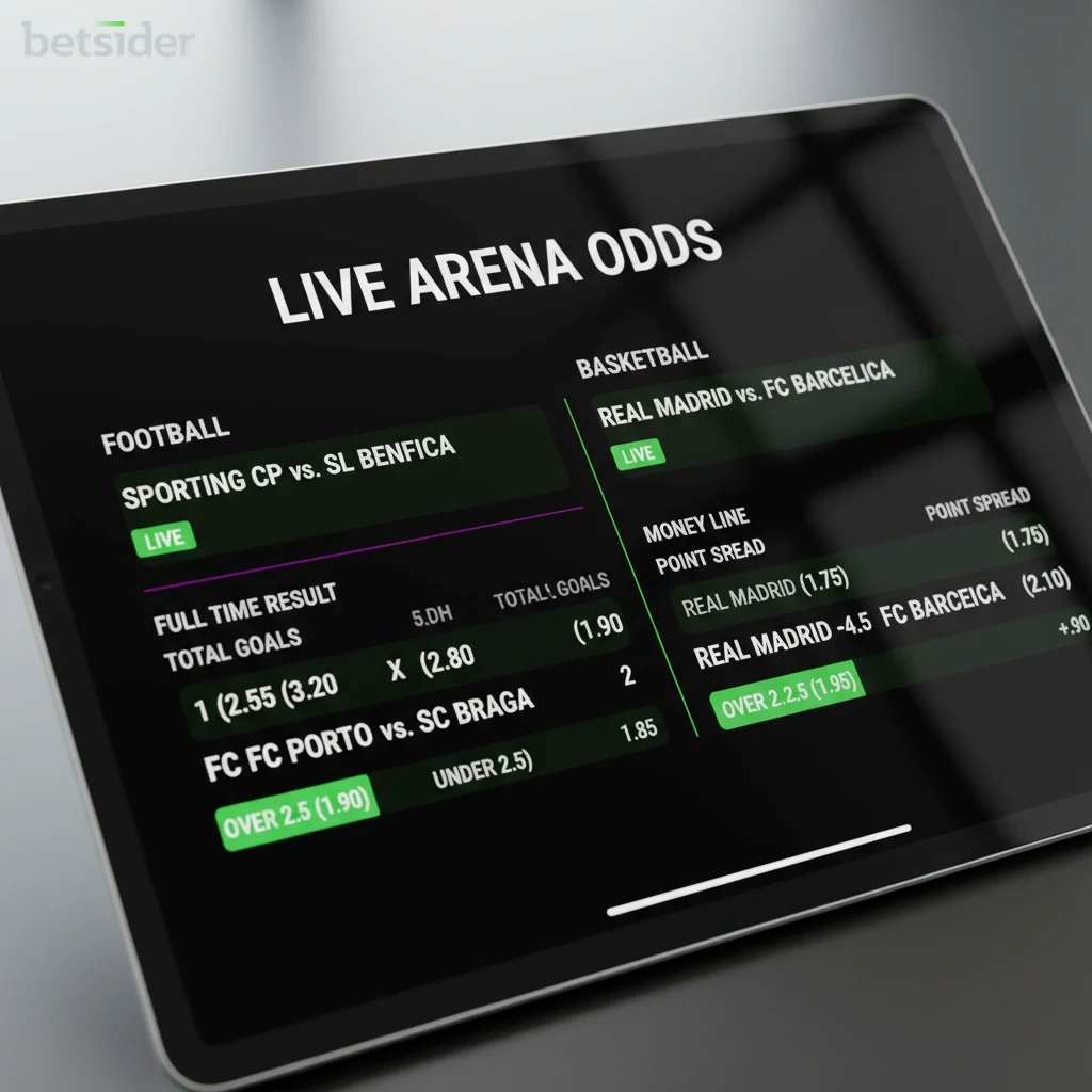 Ecrã exibindo odds de apostas ao vivo para futebol e basquetebol na Betsider.